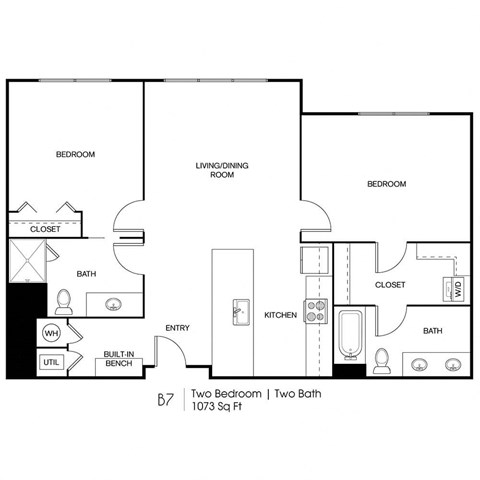 Floor plan for 2 beds, 2 baths, 1073 sqft