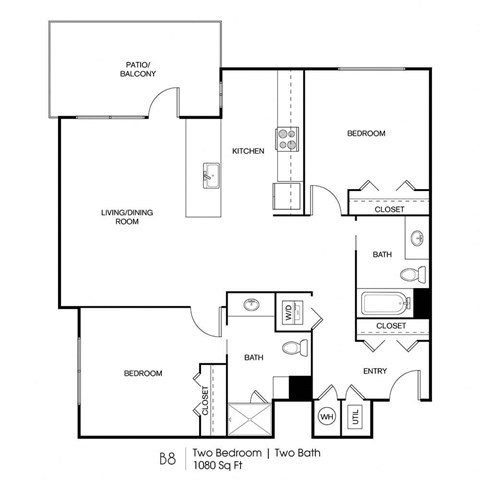 Floor plan for 2 beds, 2 baths, 1080 sqft