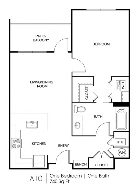 Floor plan for 1 bed, 1 bath, 740 sqft