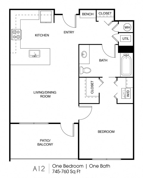 Floor plan for 1 bed, 1 bath, 745 sqft