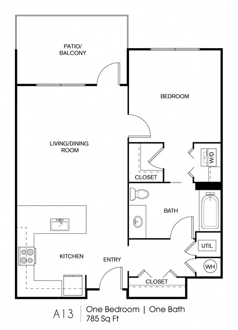 Floor plan for 1 bed, 1 bath, 785 sqft