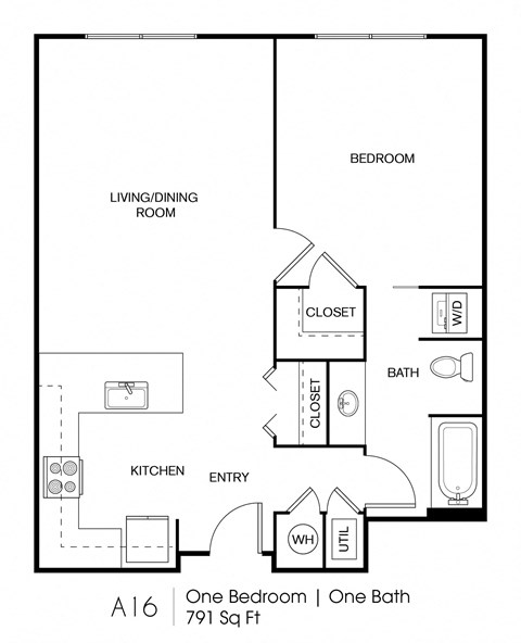 Floor plan for 1 bed, 1 bath, 792 sqft