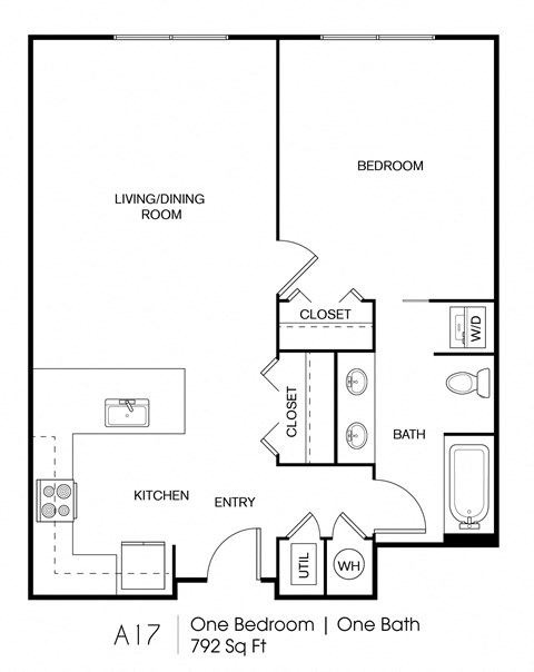 Floor plan for 1 bed, 1 bath, 792 sqft