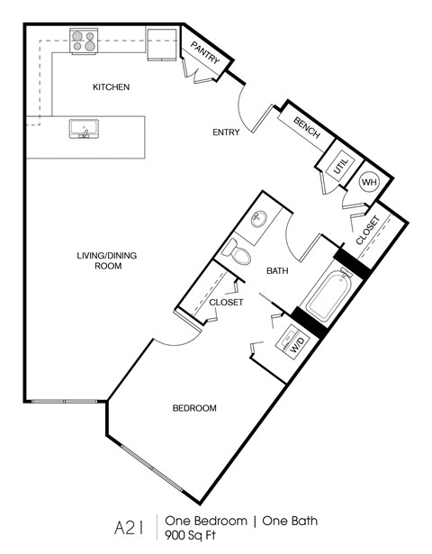 Floor plan for 1 bed, 1 bath, 900 sqft