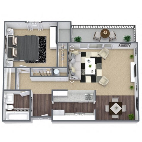 Floor plan for 1 bed, 1 bath, 750 sqft