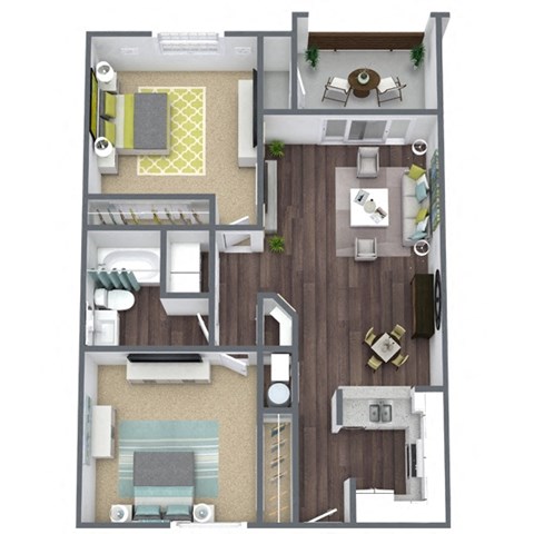 Floor plan for 2 beds, 1 bath, 950 sqft