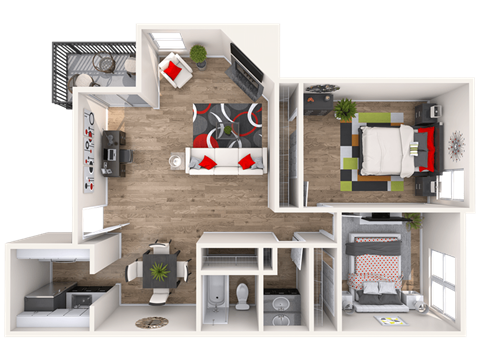 Floor plan for 2 beds, 1 bath, 950 sqft