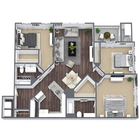 Floor plan for 3 beds, 2 baths, 1370 sqft