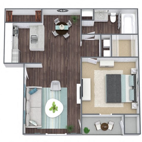 Floor plan for 1 bed, 1 bath, 672 sqft