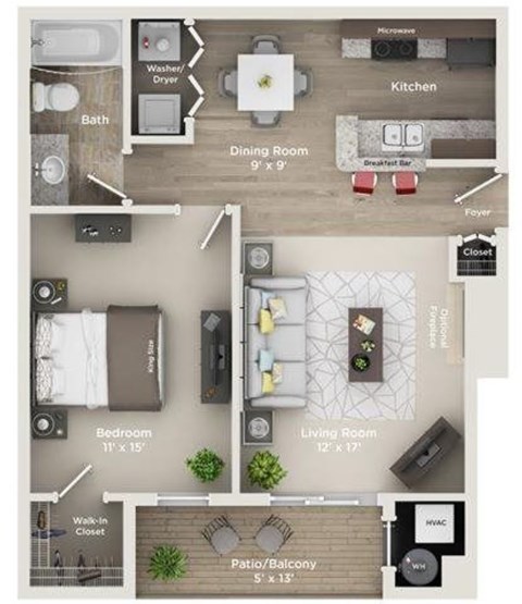 Floor plan for 1 bed, 1 bath, 682 sqft