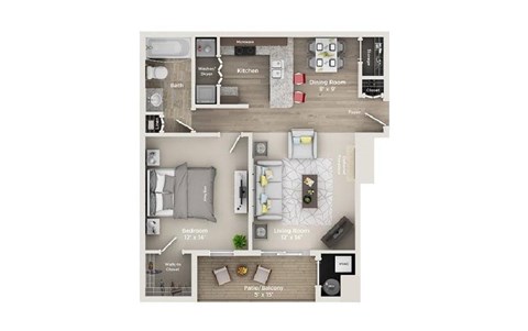 Floor plan for 1 bed, 1 bath, 746 sqft