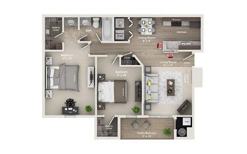 Floor plan for 2 beds, 1 bath, 875 sqft