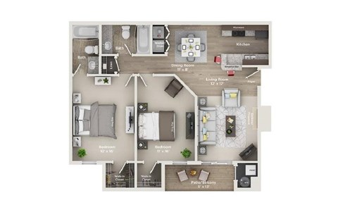 Floor plan for 2 beds, 2 baths, 975 sqft