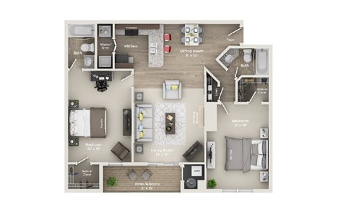 Floor plan for 2 beds, 2 baths, 1050 sqft
