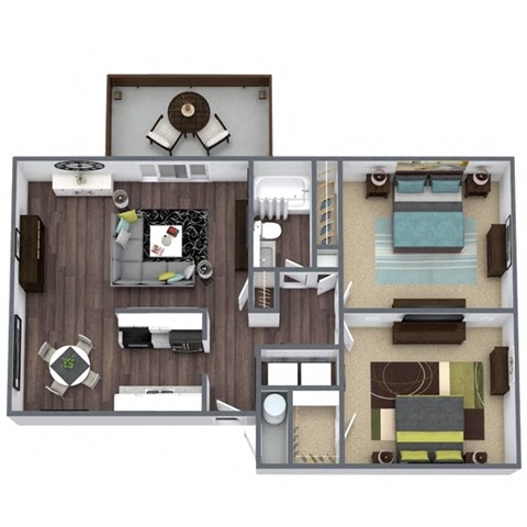 Floor plan for 2 beds, 1 bath, 844 sqft