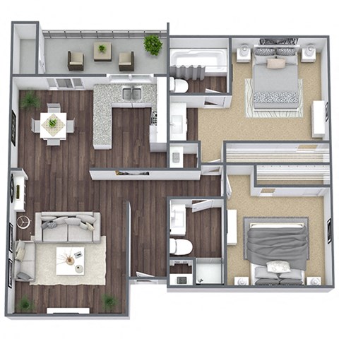 Floor plan for 2 beds, 2 baths, 966 sqft