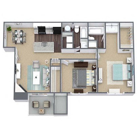 Floor plan for 2 beds, 2 baths, 923 sqft