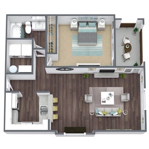 Floor plan for 1 bed, 1 bath, 750 sqft
