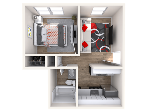 Floor plan for 1 bed, 1 bath, 600 sqft