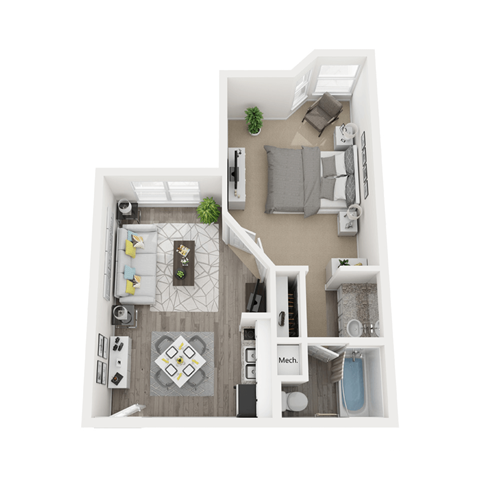 Floor plan for 1 bed, 1 bath, 527 sqft