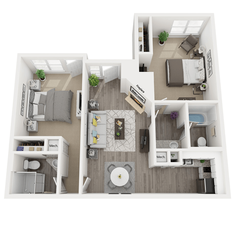 Floor plan for 2 beds, 2 baths, 923 sqft