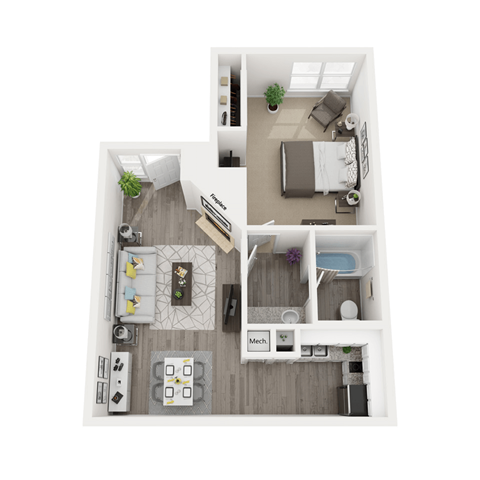 Floor plan for 1 bed, 1 bath, 645 sqft