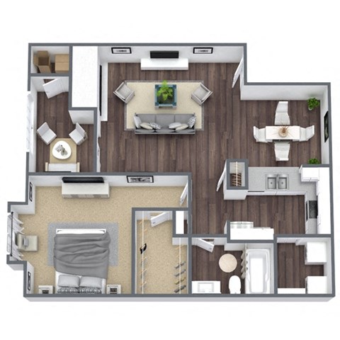 Floor plan for 1 bed, 1 bath, 845 sqft