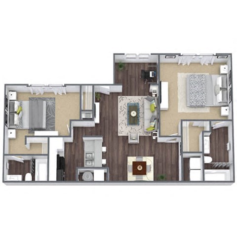 Floor plan for 2 beds, 2 baths, 1028 sqft