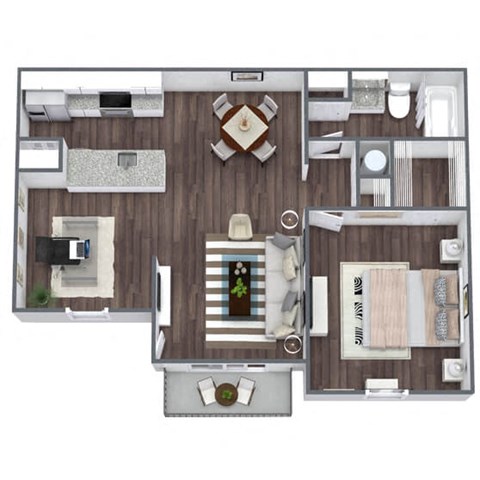 Floor plan for 1 bed, 1 bath, 726 sqft