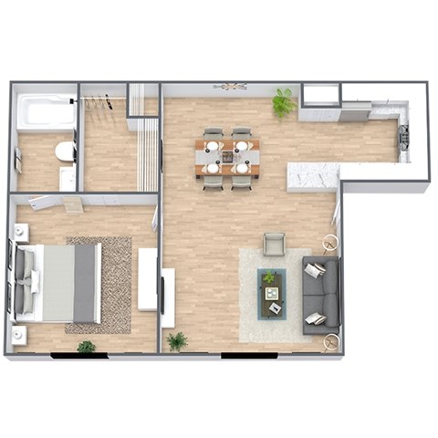 Floor plan for 1 bed, 1 bath, 600 sqft