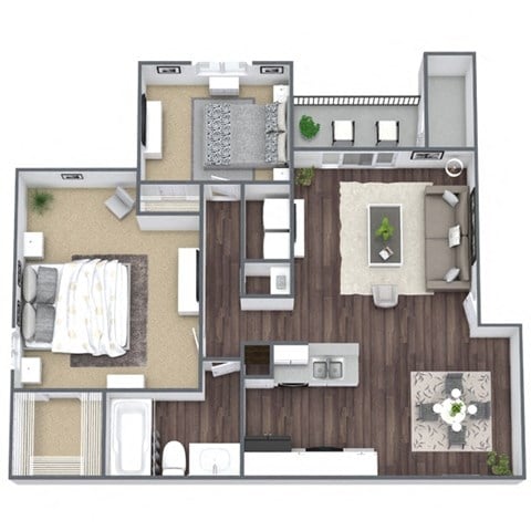 Floor plan for 2 beds, 1 bath, 899 sqft