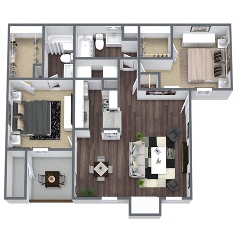 Floor plan for 2 beds, 2 baths, 989 sqft