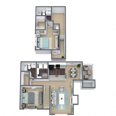 Floor plan for 2 beds, 2 baths, 965 sqft
