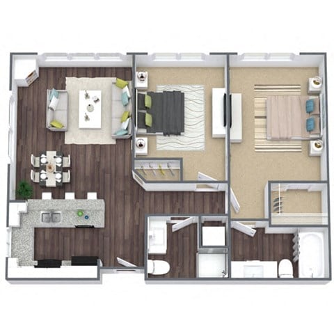 Floor plan for 2 beds, 2 baths, 873 sqft