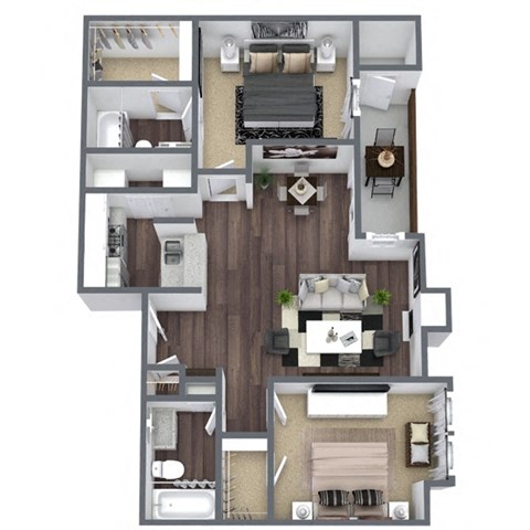 Floor plan for 2 beds, 2 baths, 905 sqft