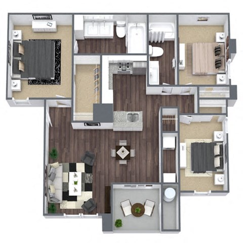 Floor plan for 3 beds, 2 baths, 1156 sqft