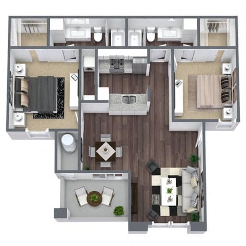 Floor plan for 2 beds, 2 baths, 1024 sqft