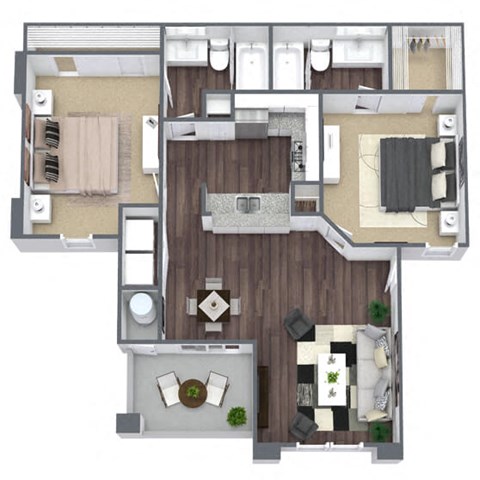 Floor plan for 2 beds, 2 baths, 938 sqft