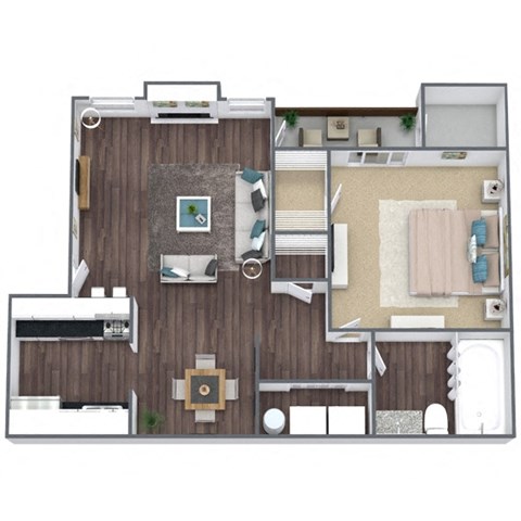Floor plan for 1 bed, 1 bath, 770 sqft