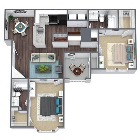 Floor plan for 2 beds, 2 baths, 1107 sqft