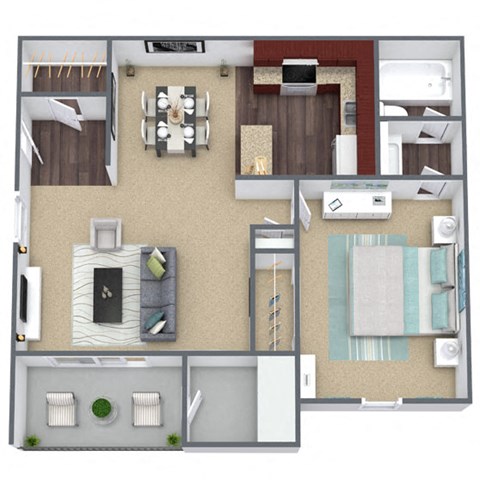 Floor plan for 1 bed, 1 bath, 733 sqft