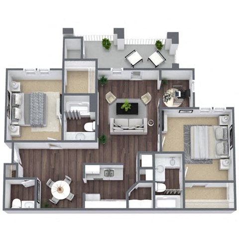Floor plan for 2 beds, 2.5 baths, 1304 sqft