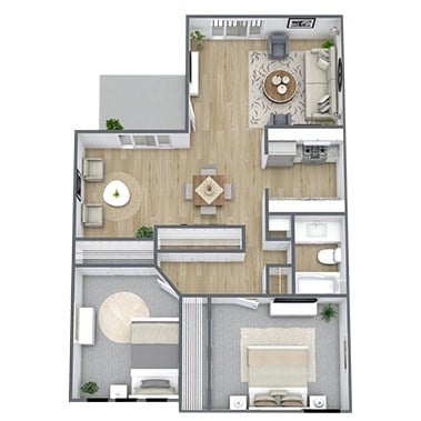 Floor plan for 2 beds, 1 bath, 940 sqft