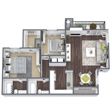 Floor plan for 2 beds, 2 baths, 890 sqft
