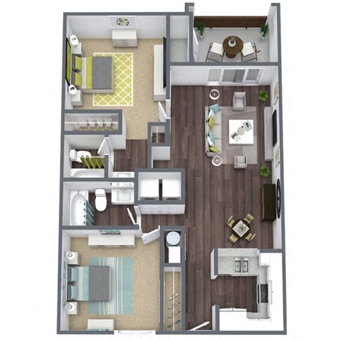 Floor plan for 2 beds, 2 baths, 1040 sqft