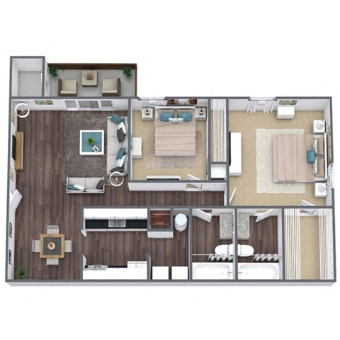 Floor plan for 2 beds, 2 baths, 1000 sqft