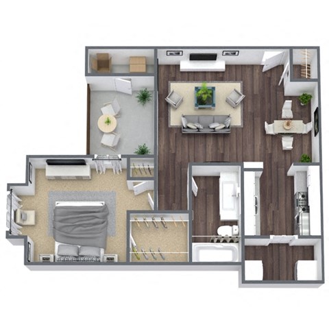 Floor plan for 1 bed, 1 bath, 604 sqft
