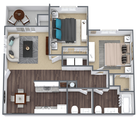 Floor plan for 2 beds, 1.5 baths, 869 sqft
