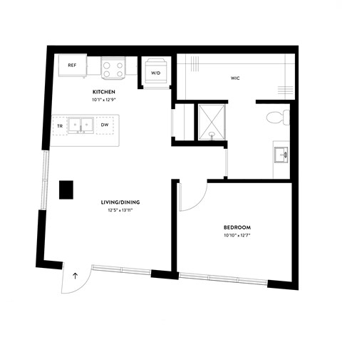 Floor plan for 1 bed, 1 bath, 675 sqft