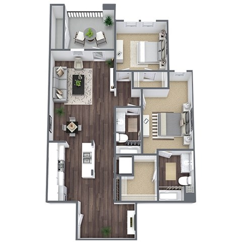 Floor plan for 2 beds, 2 baths, 1165 sqft